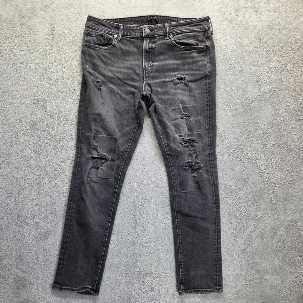 American Eagle Jeans Mens 36X32 Black Skinny Mid Rise Airflex Ripped Denim